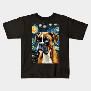 Boxer Dog Breed Painting in a Van Gogh Starry Night Art Style Kids T-Shirt